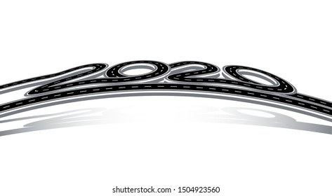2020 New Year. The road is stylized as an inscription in perspective with a shadow. Isolated on white background. Vector illustration