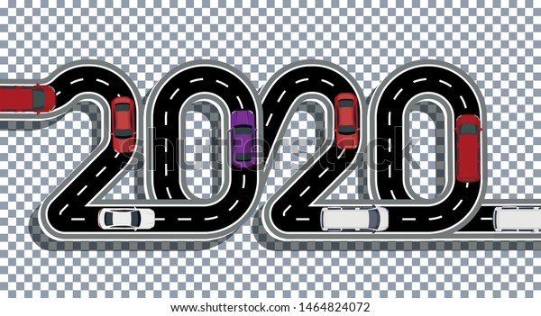 2020 New Year. The road is stylized\
inscription. Cars and vans. Volume inscription with shadow on\
transparent background. Vector\
illustration