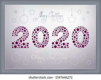 2020 New Year ruby logo with Merry Christmas and Happy New Year lettering holiday greeting card with rubies over white background in vector. Holiday illustration with light background.