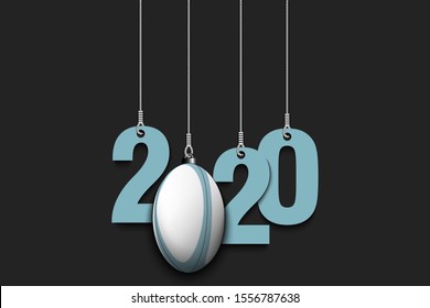 2020 New Year and rugby ball as a Christmas decorations hanging on strings. 2020 hang on cords on an isolated background. Design pattern for greeting card. Vector illustration