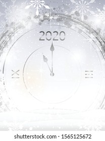 2020 New Year shining banner with clock. Vector illustration. Vibrant defocused background. Bright bokeh with snowflakes. Christmas background with snowflakes and Christmas lights
