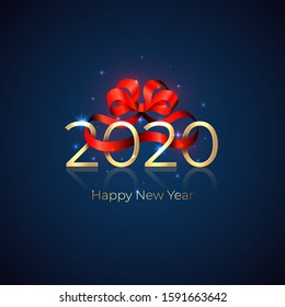 2020 New Year. Shiny golden 2020 with red ribbon bow on blue background. New Year design for invitation, calendar, greeting card. Shiny golden numbers. Party event decoration, vector holiday card