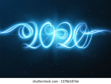 2020 new year shiny vector background. Glowing shiny spiral lines effect vector background. EPS10. Abstract light painting trail speed motion effect. Shiny wavy trail.