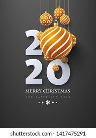 2020 New Year sign with 3d hanging baubles. Black background. Christmas holiday design. Vector illustration.