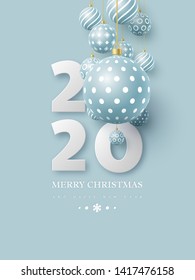 2020 New Year sign with 3d hanging baubles. Blue background. Christmas holiday design. Vector illustration.
