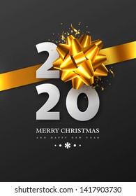 2020 New Year sign with 3d golden bow and confetti. Black background. Christmas luxury holiday design. Vector illustration.