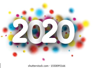 2020 new year sign with blurred round confetti on white background. Christmas illustration - vector.