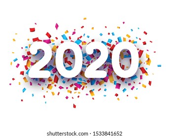 2020 new year sign with colorful confetti on white background. Christmas illustration - vector.