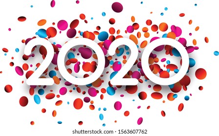 2020 new year sign with colorful round confetti on white background. Christmas illustration - vector.