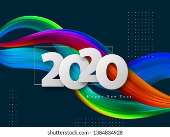 2020 New Year sign on trendy abstract wave liquid background. 3d fluid shapes composition, color flow minimal design. Vector illustration.
