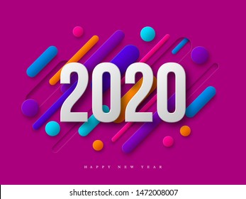 2020 New Year sign. Papercut numbers with 3d geometric shapes. Minimal cover design, dynamic abstract background in purple color. Vector illustration.