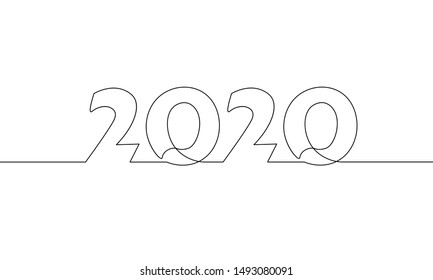 2020 New Year single continuous line art. Holiday greeting card headline decoration. Date numbers concept design. One sketch outline drawing white vector illustration