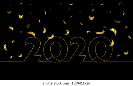 2020 New Year single continuous line art. Golden black holiday greeting card headline decoration. Date numbers lettering silhouette concept design. One sketch outline glowing gold vector illustration