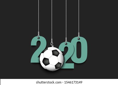 2020 New Year and soccer ball as a Christmas decorations hanging on strings. 2020 hang on cords on an isolated green background. Design pattern for greeting card. Vector illustration