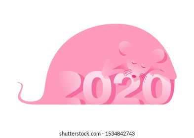 2020 New Year symbol with zodiac traditional chinese animal - rat embracing digits with hind leg in 2 shape - vector holiday decoration