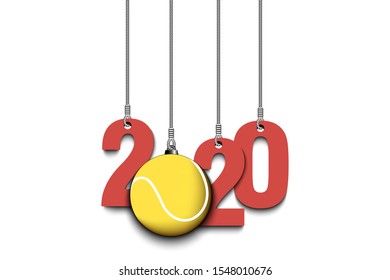 2020 New Year and tennis ball as a Christmas decorations hanging on strings. 2020 hang on cords on an isolated  background. Design pattern for greeting card. Vector illustration