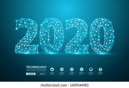 2020 new year text design with mesh stylish alphabet letters numbers, Graphic background communication structure with connected dots lines, Vector illustration