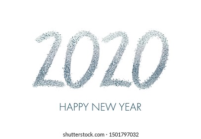 2020 New Year text design. Silver text with bright sparkles. Vector illustration. Isolated on white background