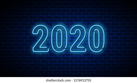 2020 New Year Text Design template. Light Banner. Vector Illustration. New 2020 Year sign in neon design on brick wall background. 