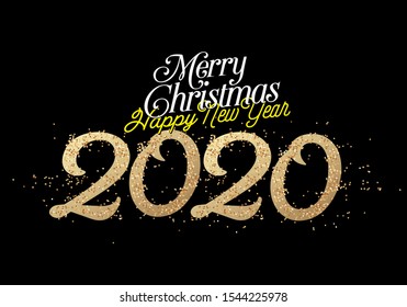 2020 New Year. Text golden with bright sparkles and shiny color