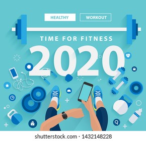 2020 new year time for fitness in gym healthy lifestyle ideas concept design, Vector illustration modern layout template