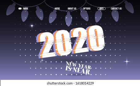 2020 new year typographic background website vector illustration. Landing page template, winter holidays celebration, new year party invitation. Digital glitch effect, modern style wallpaper