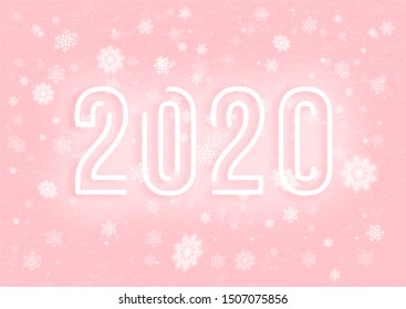 2020 New Year typographic sign on grunge pink background, vector illustration. Snowflakes flying in the air, winter greeting background, 2020 party winter illustration.