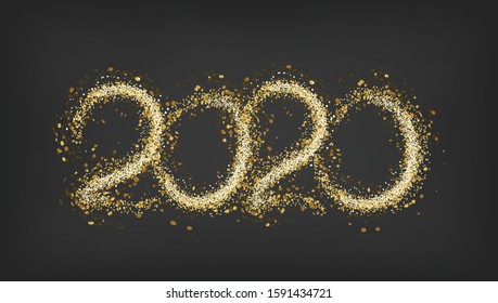 2020 New Year vector design. Black golden background with gold sparkler light festive decoration, web, gift card or print banner layout template