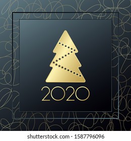 2020 New year vector greeting card. Christmas tree golden icon with curly elements. Banner for celebration, congratulation, web, design, decoration