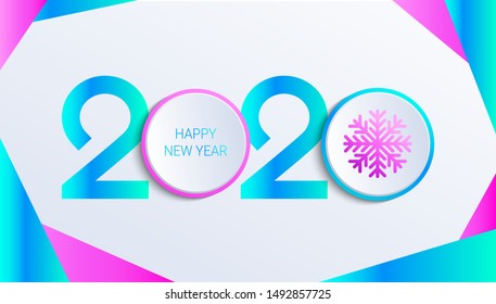 2020 New Year vector illustration with snowflake. 3d paper effect.  Abstract greeting or invitation card. Blue and pink neon holiday background.