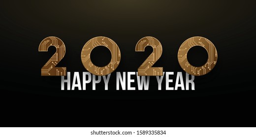 2020 New Year vector long banner. Modern design with circuit board pattern of numbers 2020. 