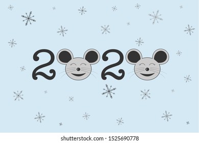 2020 New Year vector with mouse and small snowflakes. New Year holidays flyers, greetings and invitations cards and christmas themed congratulations and banners.