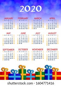2020 new year. Vertical calendar grid. Week starts on Sunday. 2020 calendar template with gifts