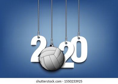 2020 New Year and volleyball ball as a Christmas decorations hanging on strings. 2020 hang on cords on an isolated background. Design pattern for greeting card. Vector illustration