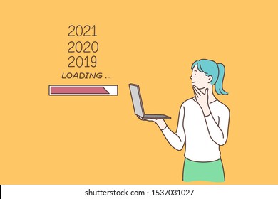 2020 New Year waiting, 2019 loading bar, planning for future, time flow concept. Girl holding laptop in hands and thinking, woman analyzing last year, preparing for winter holiday. Simple flat vector