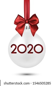 2020 New Year white ball with red satin bow. Greeting card or decoration. Winter decoration - Vector