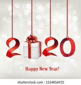 2020 New Years background with gift box and red ribbons. Vector.