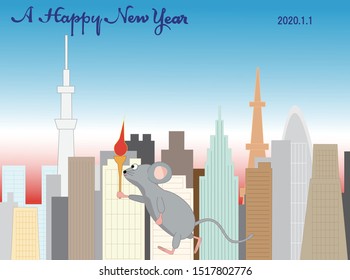 2020 New Year's card illustration material. A rat who has become a torch runner is running in Tokyo.
