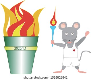2020 New Year's card illustration material. A rat who became a torchbearer ignited the torch.