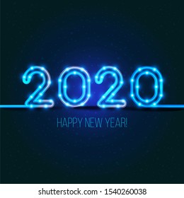 2020 New Years design. Vector neon figures with lights. Greeting card background. Happy new year 2020 sign.