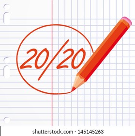 20/20 notation written with a red pencil. Vector illustration.