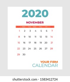 2020 november calendar vector template. Abstract empty isolated set 2020 calendar. Screen desktop months 2020 agenda. Red color vector mock up calendar, day planner. Set 12 month pages graphic element