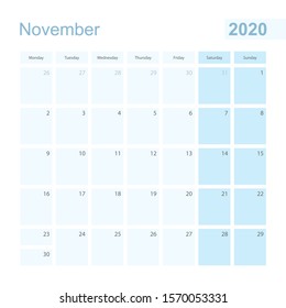 2020 November wall planner in blue pastel color, week starts on Monday. Calendar for November 2020 with blue square and with day of previous and next month.