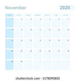 2020 November wall planner in blue color, week starts on Sunday. Calendar for November 2020 with day of previous and next month.