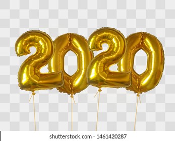 2020 number of gold foiled balloons isolated on transparent background. Happy new year 2020 holiday. Realistic 3d vector illustration