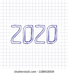 2020 number icon. Happy New Year. Hand drawn picture on paper sheet. Blue ink, outline sketch style. Doodle on checkered background