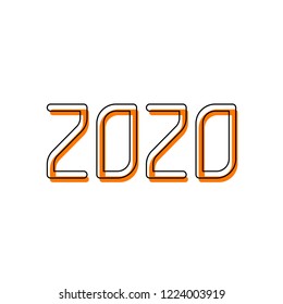 2020 number icon. Happy New Year. Isolated icon consisting of black thin contour and orange moved filling on different layers. White background