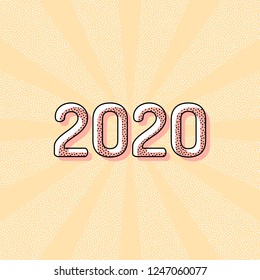 2020 number icon. Happy New Year. Vintage retro typography with offset printing effect. Dots poster with comics pop art background
