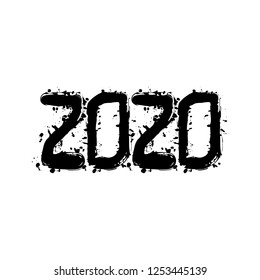 2020 number icon. Happy New Year. Black ink with splashes on white background