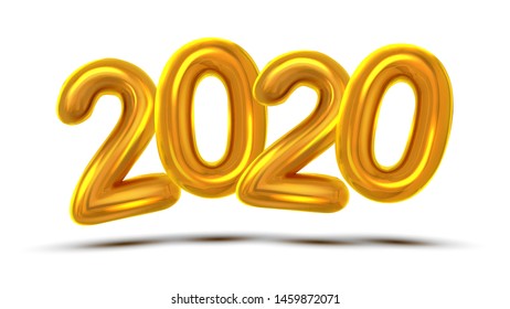 2020 Number New Year Celebration Banner Vector. Glossy Golden Air Blown Two Thousand Twenty 2020 With Shadow Isolated On White Background. Merry Christmas Greeting Placard Realistic 3d Illustration